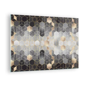 Obraz na skle - Geometrický vzor šesťuholníkov v zlatých čiarach - 70x50cm - Diamantová kompozícia - Moderná nástenná dekorácia do obývacej izby a spálne ARTTOR