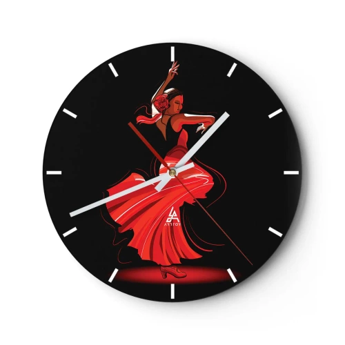 Nástenné hodiny - Flamenco tanečnica v červených šatách na čiernom pozadí - 30x30cm - Horúca duša flamenco - Moderná nástenná dekorácia do obývacej izby, kuchyne a spálne ARTTOR