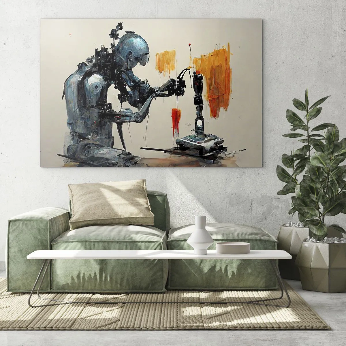 Obraz na skle - Robot maľujúci mechanickú ruku na abstraktné pozadie. - 70x50cm - Už zajtra… - Moderná nástenná dekorácia do obývacej izby a spálne ARTTOR