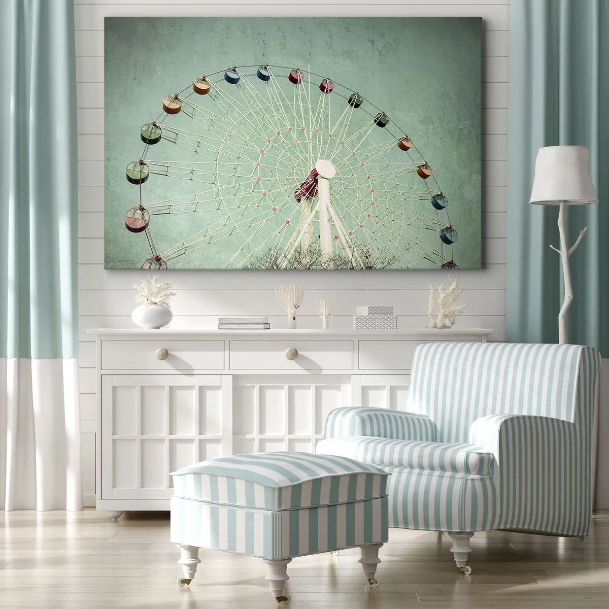 Obraz na plátne - Farebné ruské koleso proti modrej oblohe v retro štýle - 70x50cm - Pozývame vás na zábavu - Moderná nástenná dekorácia do obývacej izby a spálne ARTTOR
