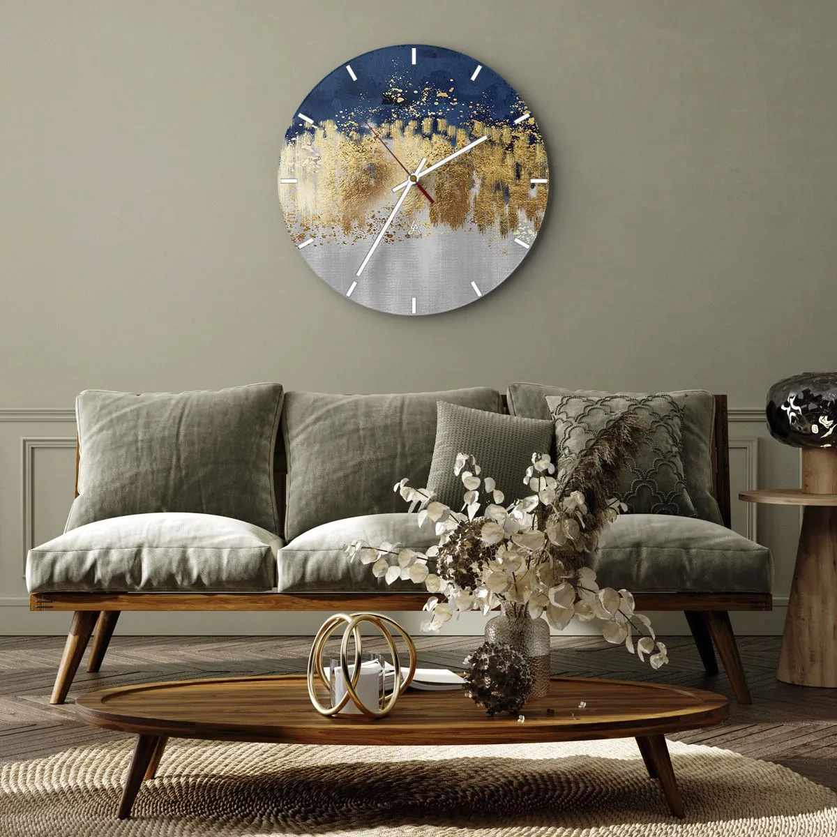 Nástenné hodiny - Zlaté odlesky a modro-strieborné pozadie v abstraktnom štýle - 30x30cm - Moderná kompozícia s iskrou - Moderná nástenná dekorácia do obývacej izby, kuchyne a spálne ARTTOR
