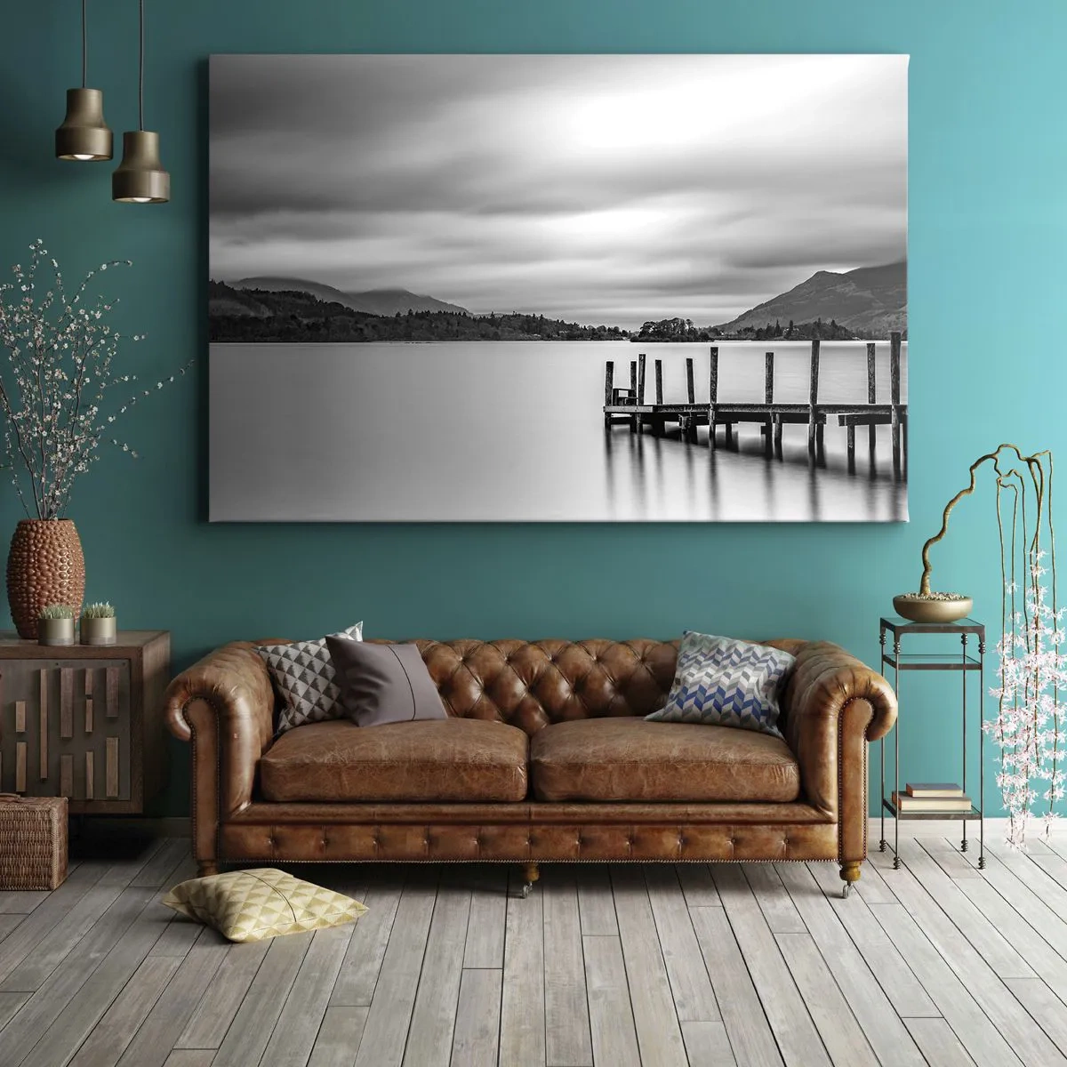 Obraz na plátne - Čiernobiela krajina s mólom nad jazerom - 70x50cm - Jemnosť a sila - Moderná nástenná dekorácia do obývacej izby a spálne ARTTOR
