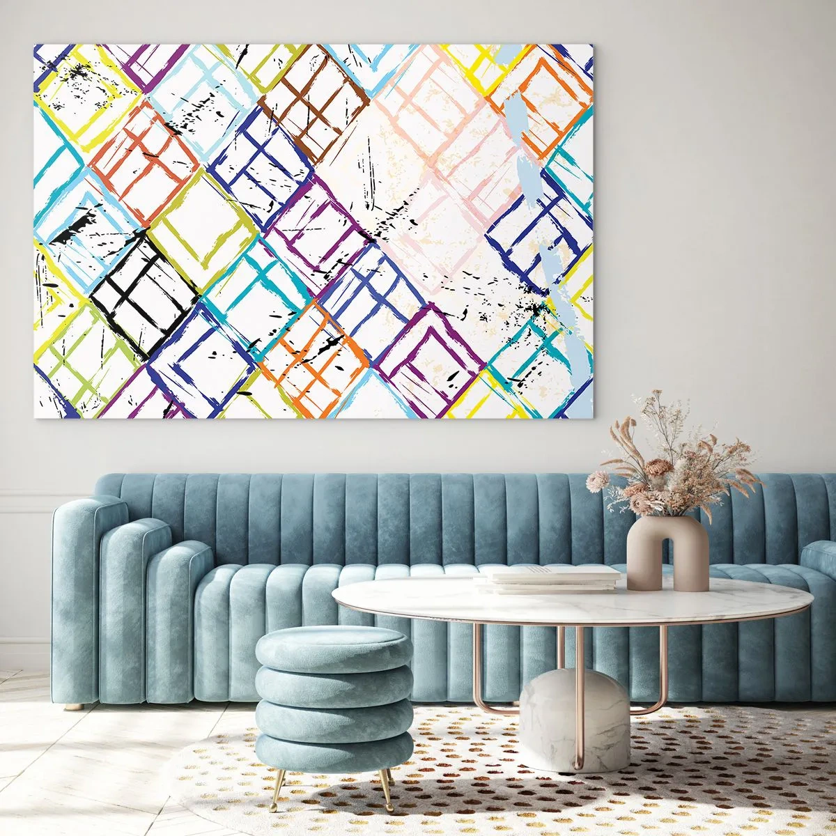 Obraz na skle - Abstraktný vzor s viacfarebnými kosoštvorcami - 70x50cm - Bunky na prenájom - Moderná nástenná dekorácia do obývacej izby a spálne ARTTOR