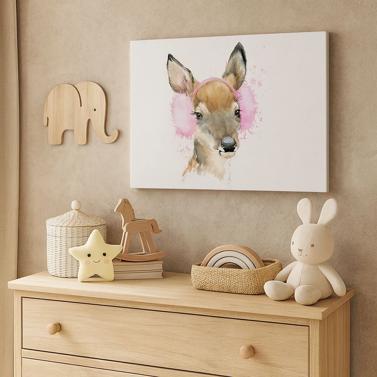 Obraz na plátne - Akvarelové jelene v ružových náušníkoch - 70x50cm - A mráz už nie je tak hrozný - Moderná nástenná dekorácia do obývacej izby a spálne ARTTOR