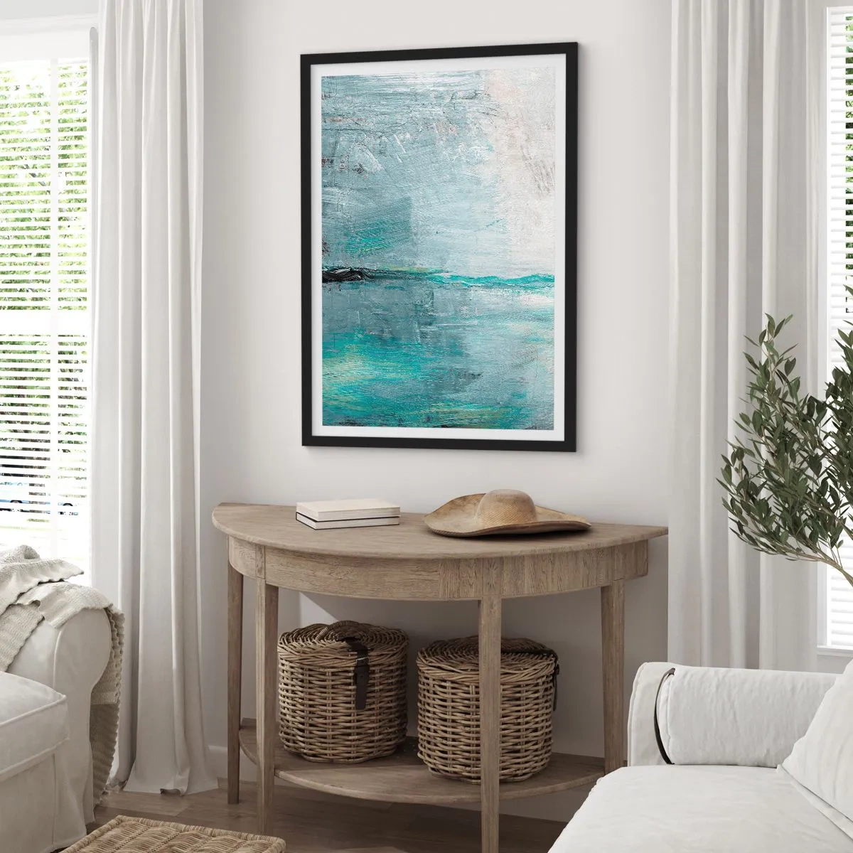 Plagát v čiernom ráme - Abstraktná krajina v odtieňoch modrej a sivej - 50x70cm - Horizontálne v modrej - Moderná nástenná dekorácia do obývacej izby a spálne ARTTOR