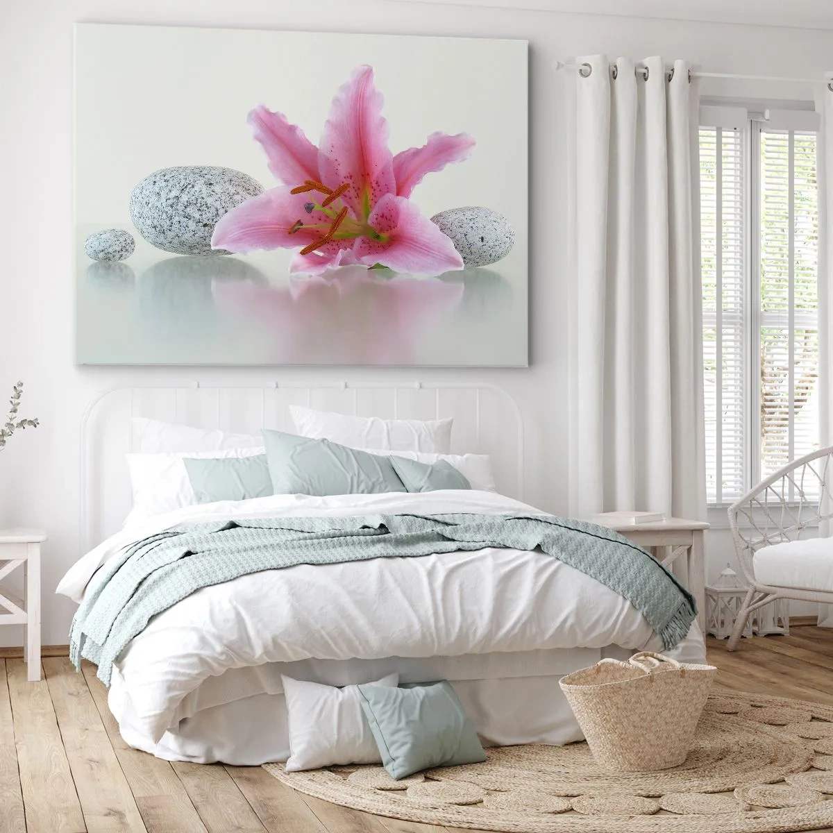Obraz na plátne - Ružový kvet ľalie s kamienkami na svetlom pozadí - 70x50cm - Štúdia v ružovej, šedej a bielej - Moderná nástenná dekorácia do obývacej izby a spálne ARTTOR