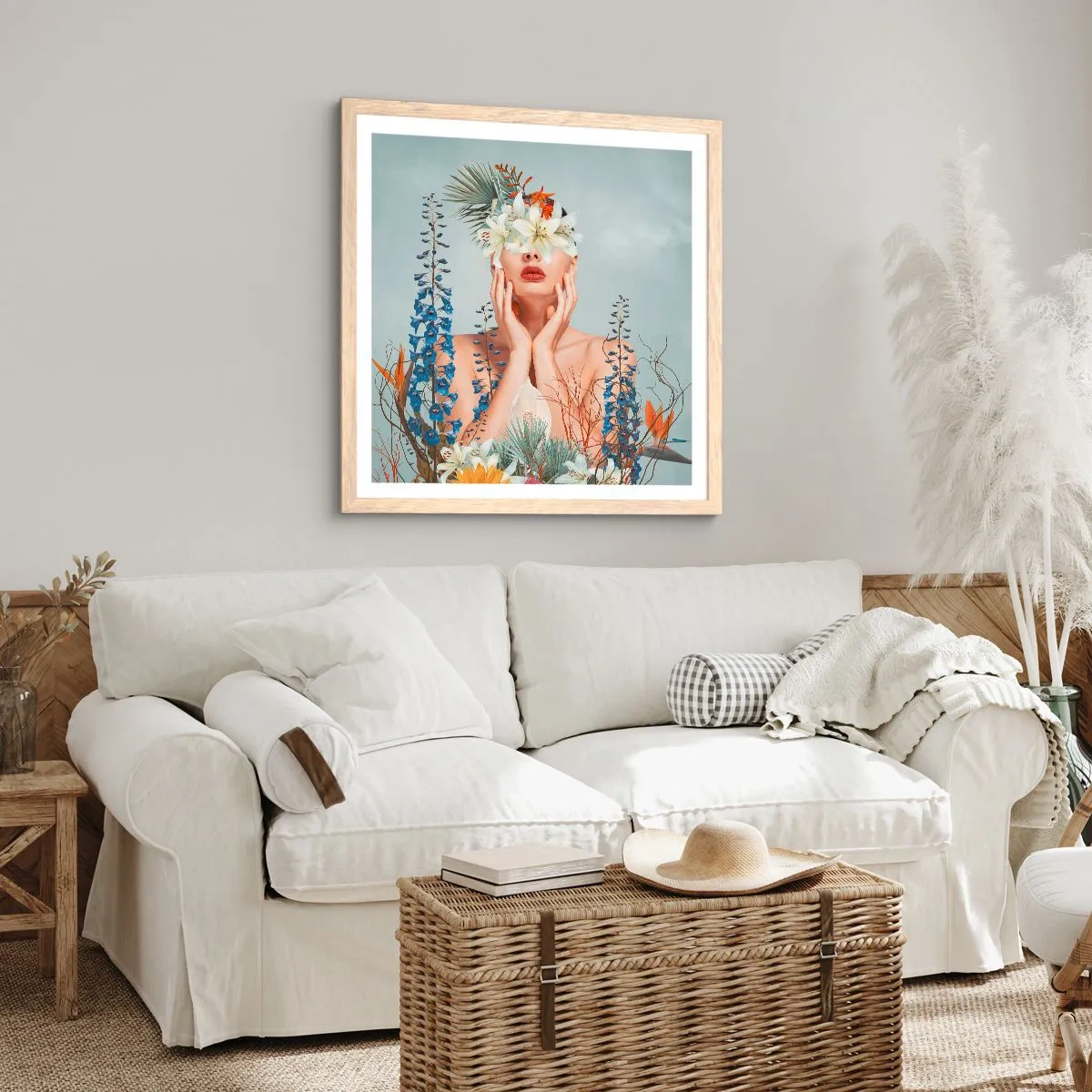 Plagát v ráme zo svetlého duba - Žena – kvetina - 50x50 cm