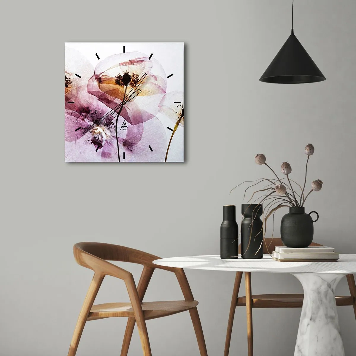 Nástenné hodiny - Priehľadné telá kvetín - 40x40 cm