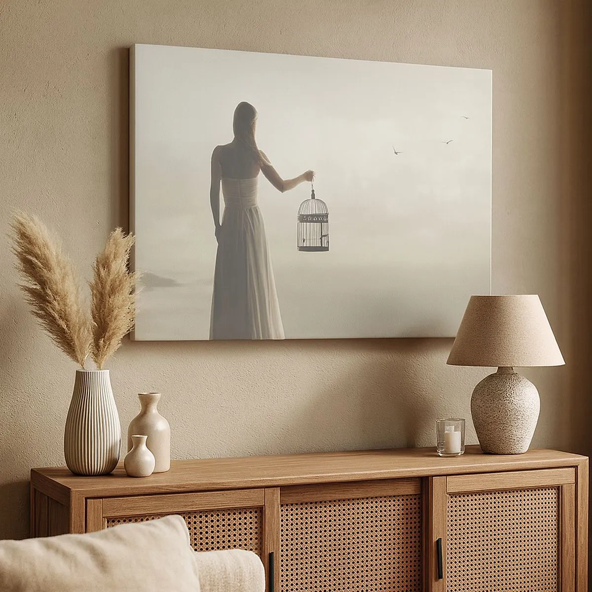 Obraz na plátne - Žena s klietkou proti pokojnej oblohe - 70x50cm - Buď slobodná - Moderná nástenná dekorácia do obývacej izby a spálne ARTTOR