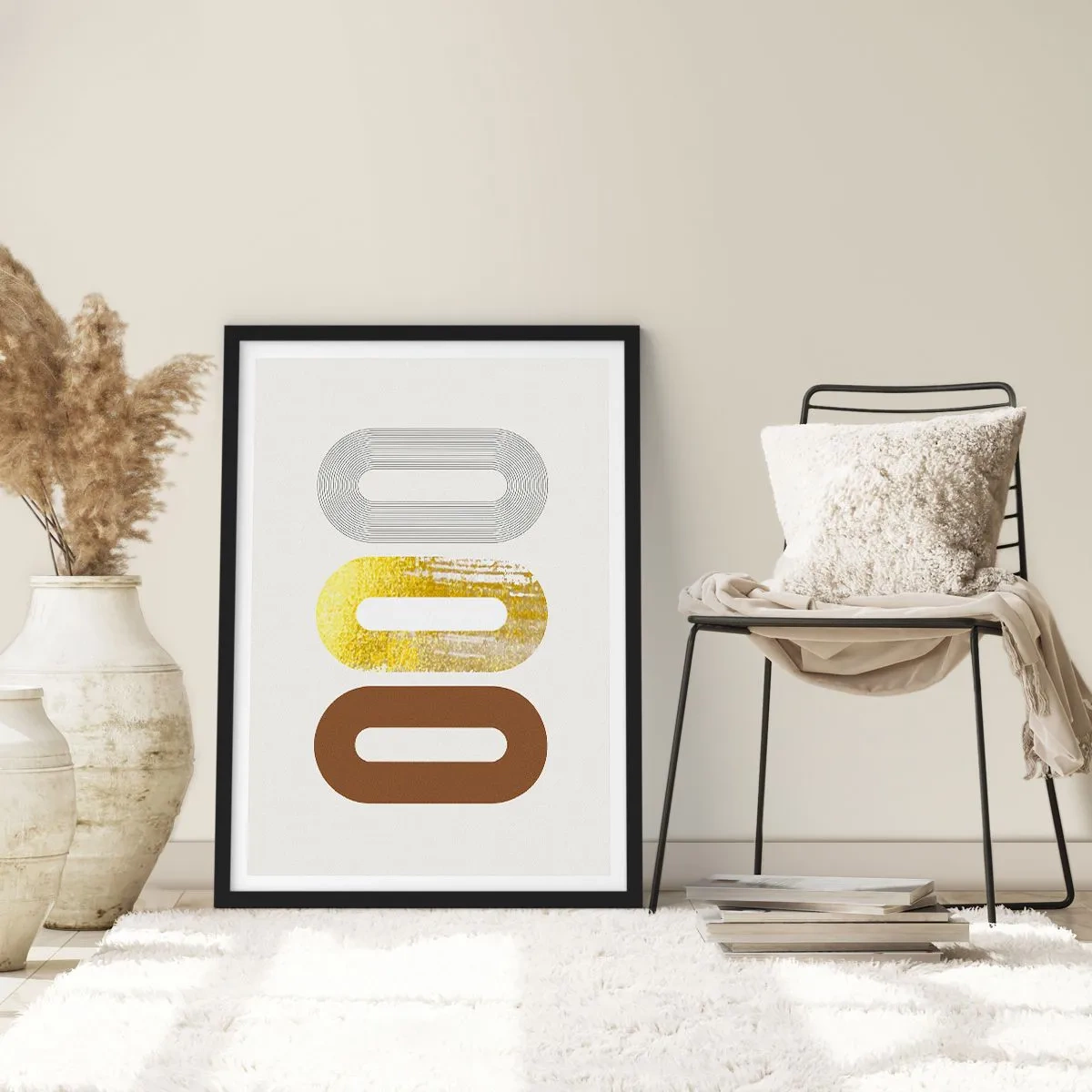 Plagát v čiernom ráme - Geometrické tvary v odtieňoch zlatej, hnedej a sivej - 50x70cm - Ooo! - Moderná nástenná dekorácia do obývacej izby a spálne ARTTOR