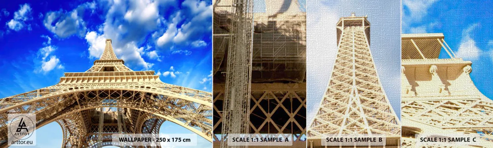 Vzorka fototapety Premium Canvas - Dosiahnuť na oblohu a mraky - Mesto, Paríž, Eiffelova veža - 100x30 cm