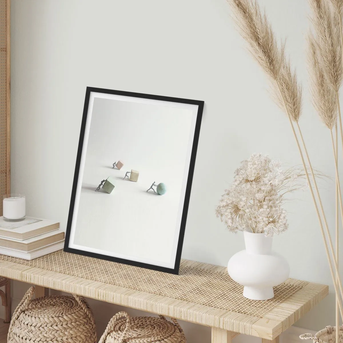 Plagát v čiernom ráme - Miniatúrne figúrky tlačiace farebné geometrické tvary - 50x70cm - Život samotný - Moderná nástenná dekorácia do obývacej izby a spálne ARTTOR