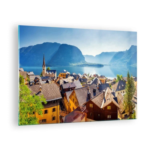 Obraz na skle - Malebné mestečko pri jazere obklopené horami - 70x50cm - Viac malebne to nejde - Moderná nástenná dekorácia do obývacej izby a spálne ARTTOR