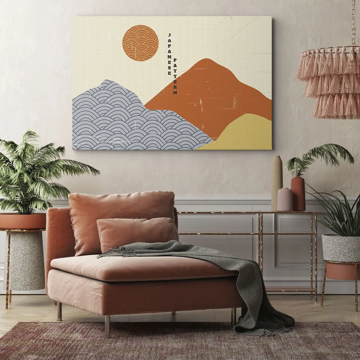 Obraz na plátne - Japonské vzory s horami, slnkom a minimalistickým štýlom - 70x50cm - V japonskom duchu - Moderná nástenná dekorácia do obývacej izby a spálne ARTTOR