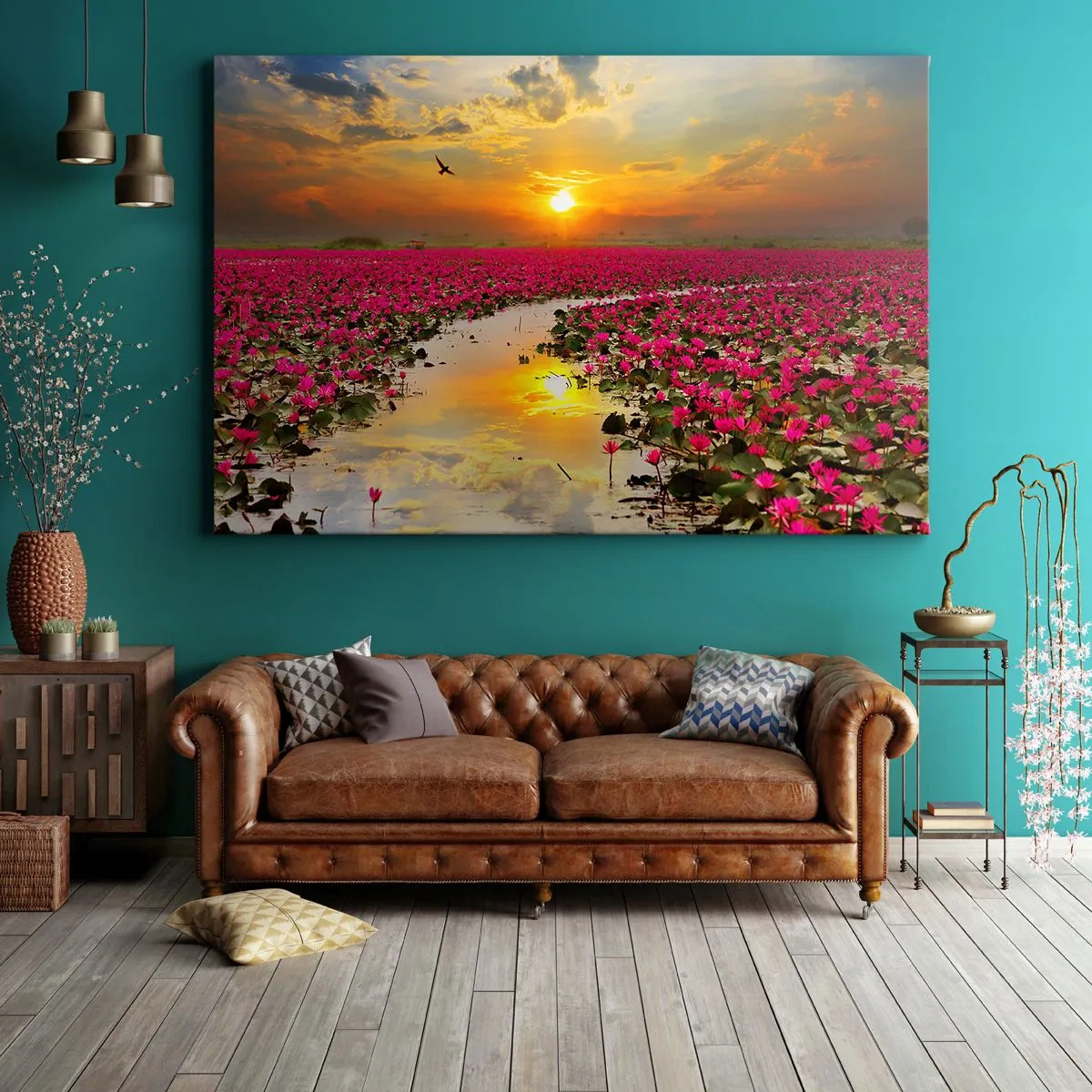 Obraz na plátne - Pole ružových leknín pri západe slnka - 70x50cm - Tajomný život jazera - Moderná nástenná dekorácia do obývacej izby a spálne ARTTOR