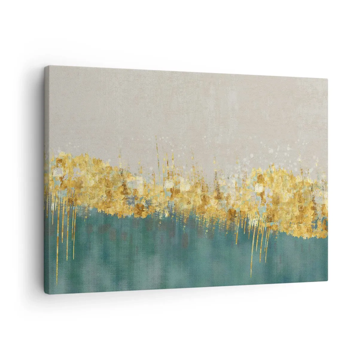 Obraz na plátne - Zlaté akcenty na zeleno-béžovom pozadí - 70x50cm - Zlatá hranica - Moderná nástenná dekorácia do obývacej izby a spálne ARTTOR