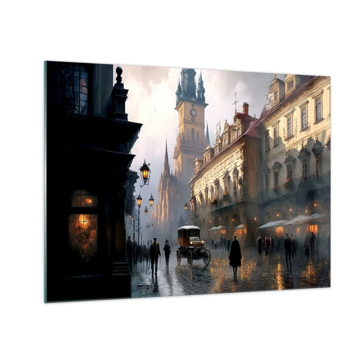 Obraz na skle - Historická ulica osvetlená lampášmi za súmraku - 70x50cm - Kúzlo pražského večera - Moderná nástenná dekorácia do obývacej izby a spálne ARTTOR