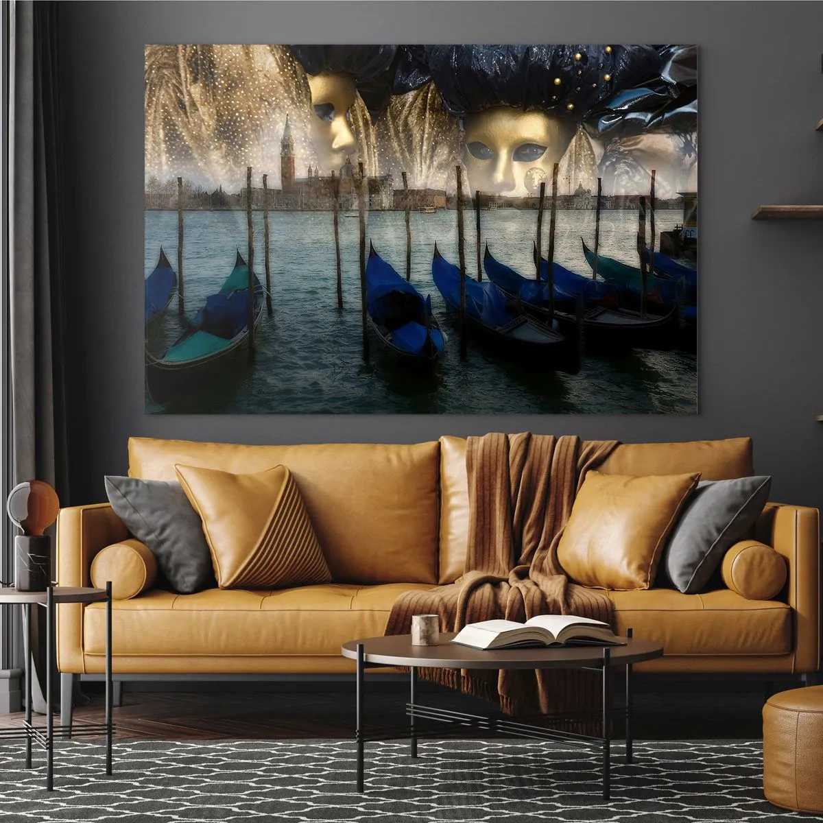 Obraz na skle - Benátky s gondolami a karnevalovými maskami - 70x50cm - Je čas začať karneval - Moderná nástenná dekorácia do obývacej izby a spálne ARTTOR