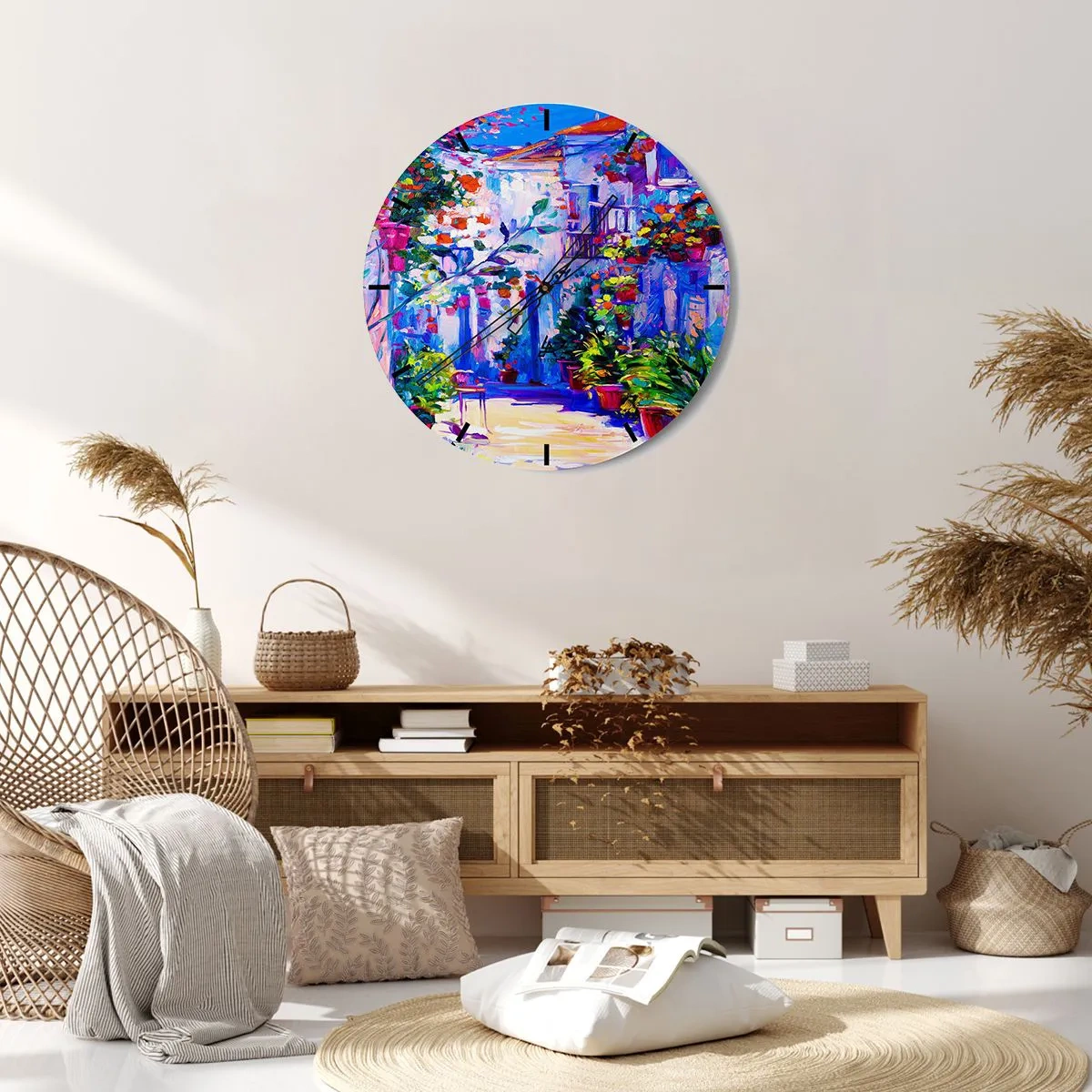 Nástenné hodiny - Očarujúca terasa plná kvetov v intenzívnych farbách - 30x30cm - Impresia - talianska ulička - Moderná nástenná dekorácia do obývacej izby, kuchyne a spálne ARTTOR