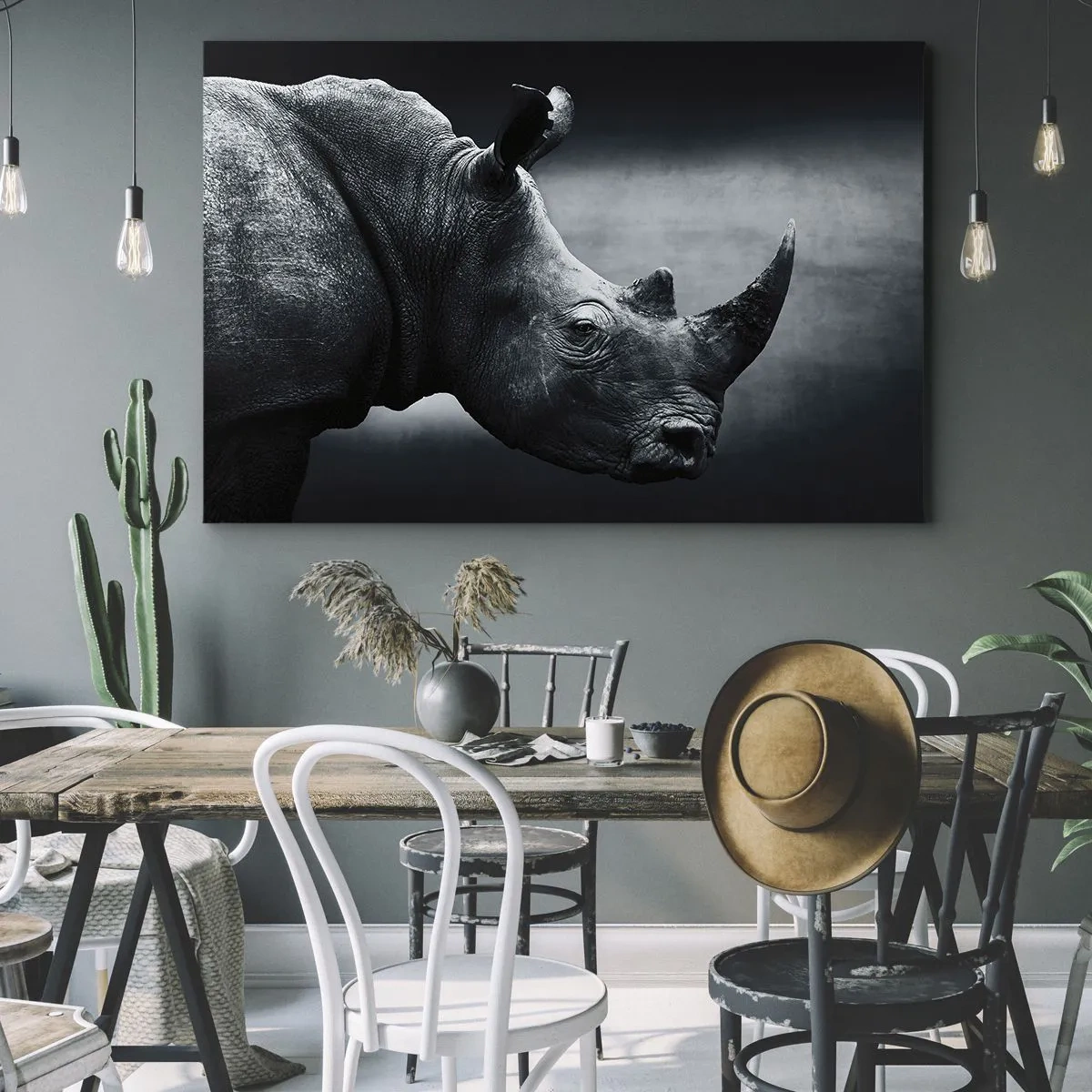 Obraz na plátne - Čiernobiely portrét nosorožca na tmavom pozadí - 70x50cm - Pravý profil - Moderná nástenná dekorácia do obývacej izby a spálne ARTTOR