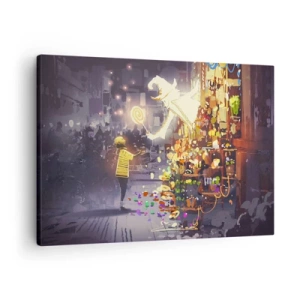 Obraz na plátne - Rozprávková postavička a dieťa na ulici plnej svetiel a mágie - 70x50cm - Kúzla existujú - Moderná nástenná dekorácia do obývacej izby a spálne ARTTOR