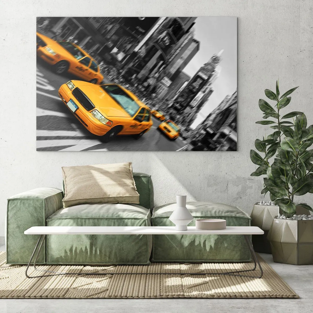 Obraz na skle - Žlté taxíky na pozadí čiernobielych mestských ulíc - 70x50cm - Newyorské kvapky slnka - Moderná nástenná dekorácia do obývacej izby a spálne ARTTOR