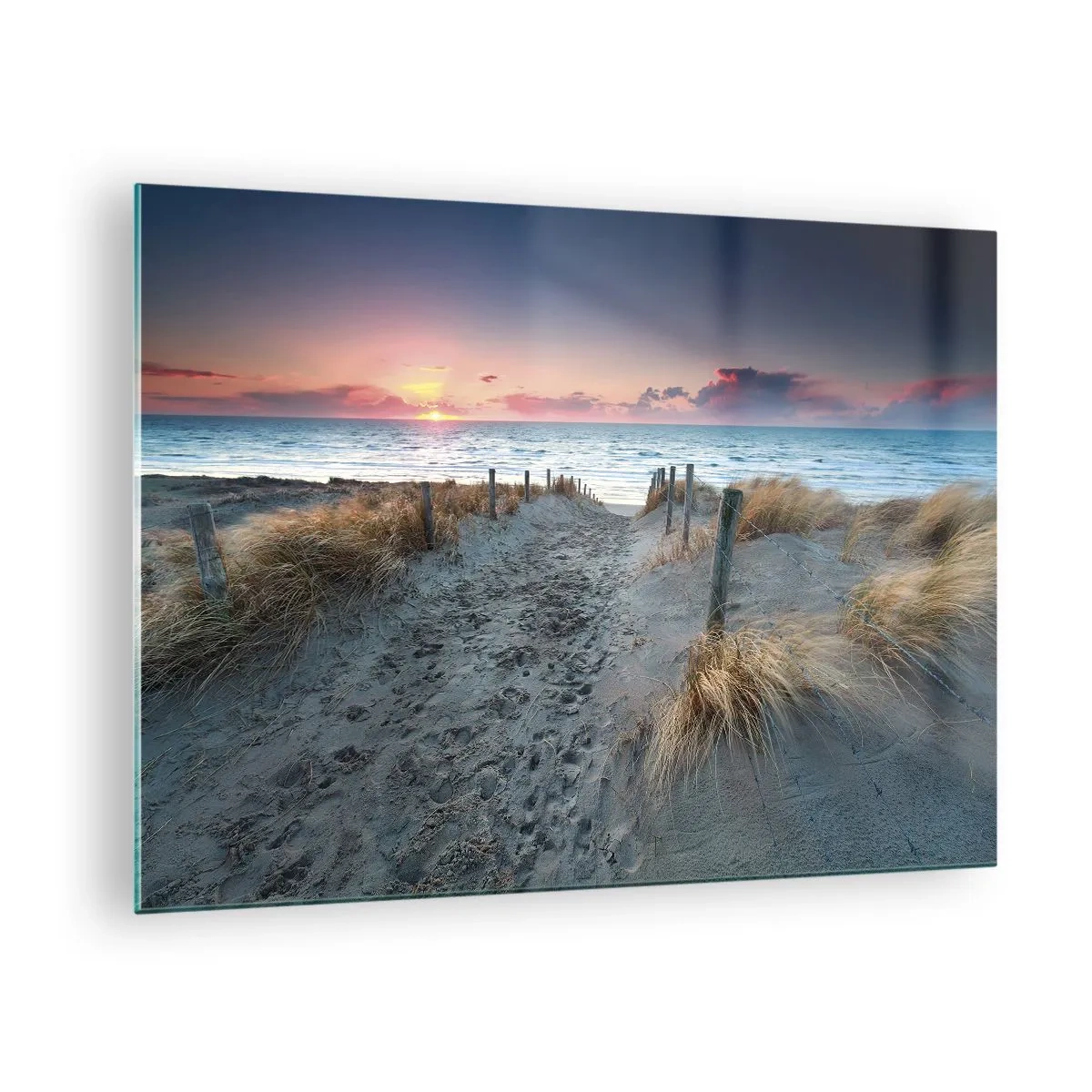 Obraz na skle - Cesta cez duny vedúca k moru pri západe slnka - 70x50cm - Šiel by som s tebou na kraj světa… - Moderná nástenná dekorácia do obývacej izby a spálne ARTTOR