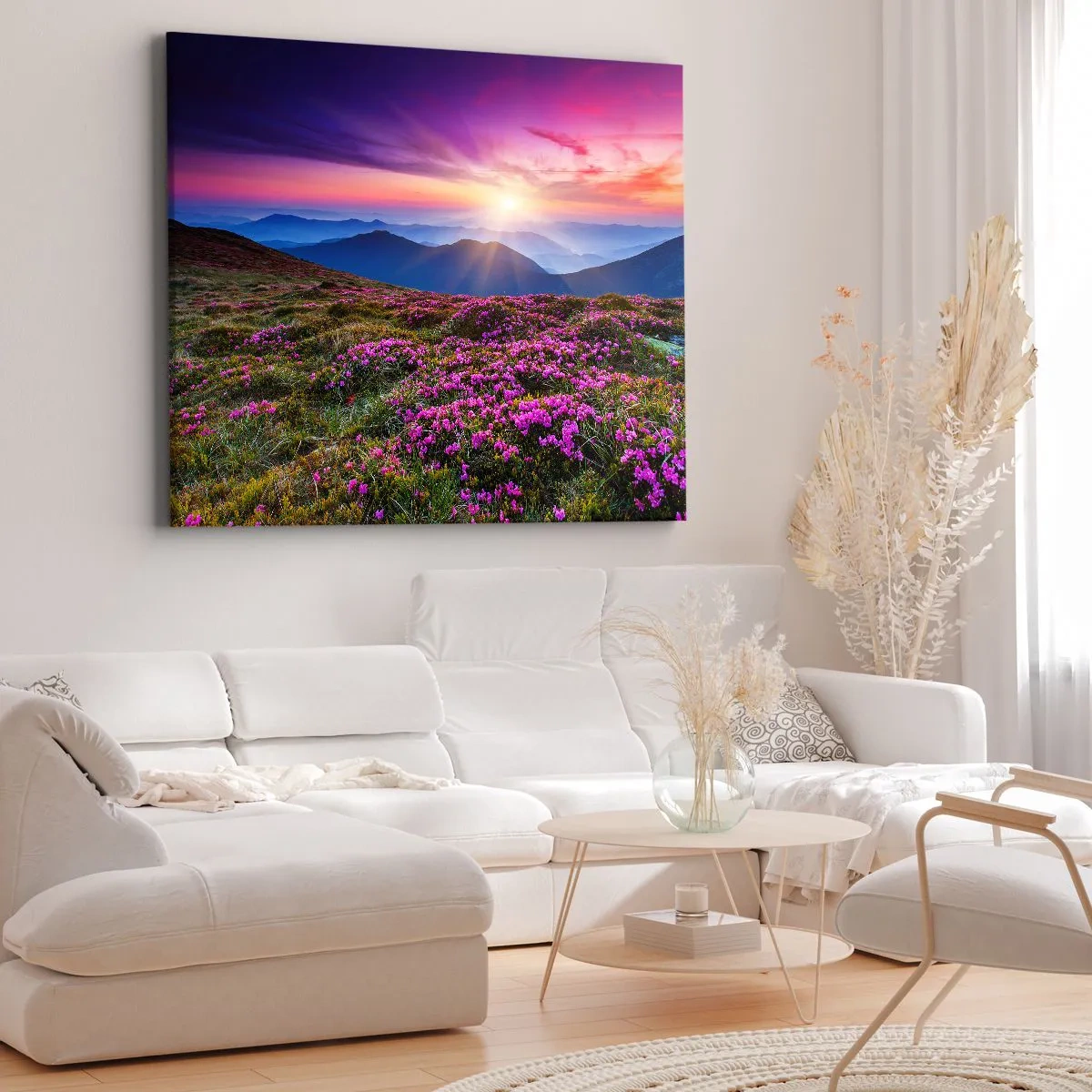 Obraz na plátne - Horská lúka s kvetmi pri západe slnka - 70x50cm - Zavoňali svieže púčiky byliniek z obilných polí - Moderná nástenná dekorácia do obývacej izby a spálne ARTTOR