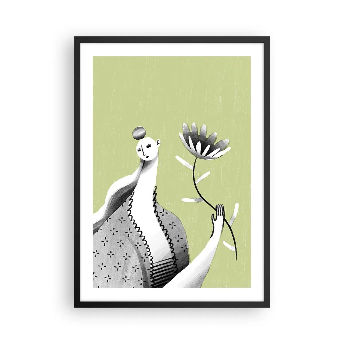 Plagát v čiernom ráme - Minimalistická žena drží kvet na zelenom pozadí - 50x70cm - Modernistický portrét – držiaci kvet - Moderná nástenná dekorácia do obývacej izby a spálne ARTTOR