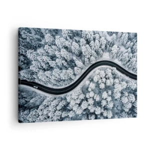 Obraz na plátne - Pohľad z vtáčej perspektívy na kľukatú cestu v zimnom lese - 70x50cm - Zimným lesom - Moderná nástenná dekorácia do obývacej izby a spálne ARTTOR