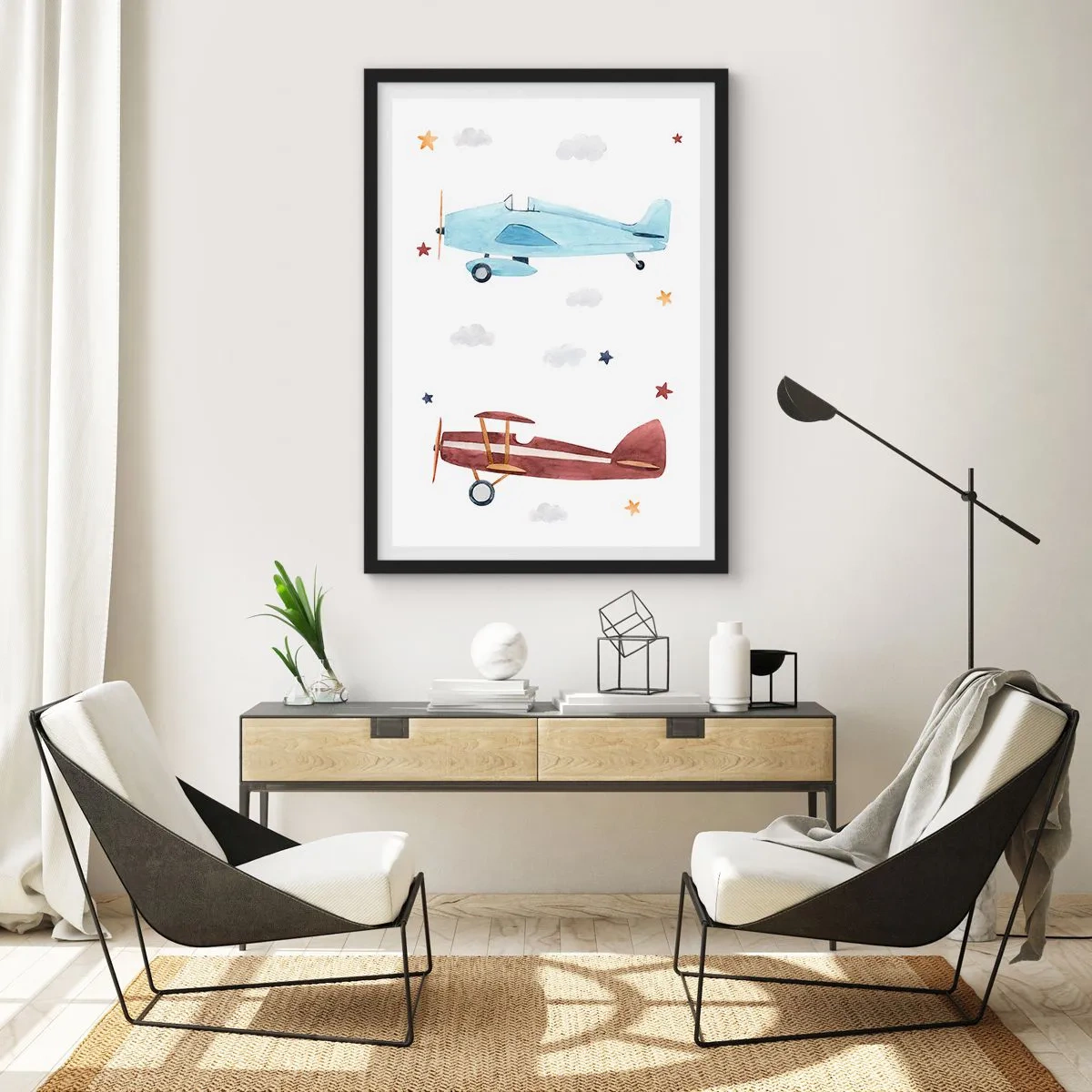 Plagát v čiernom ráme - Akvarelové ilustrácie dvoch lietadiel vznášajúcich sa medzi oblakmi a hviezdami. - 50x70cm - Pán pilot, čakáme! - Moderná nástenná dekorácia do obývacej izby a spálne ARTTOR