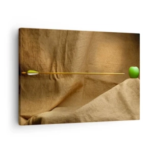 Obraz na plátne - Zelené jablko na látke so šípkou vytvárajúcou kompozíciu - 70x50cm - Privolať ducha Wilhelma Tella - Moderná nástenná dekorácia do obývacej izby a spálne ARTTOR