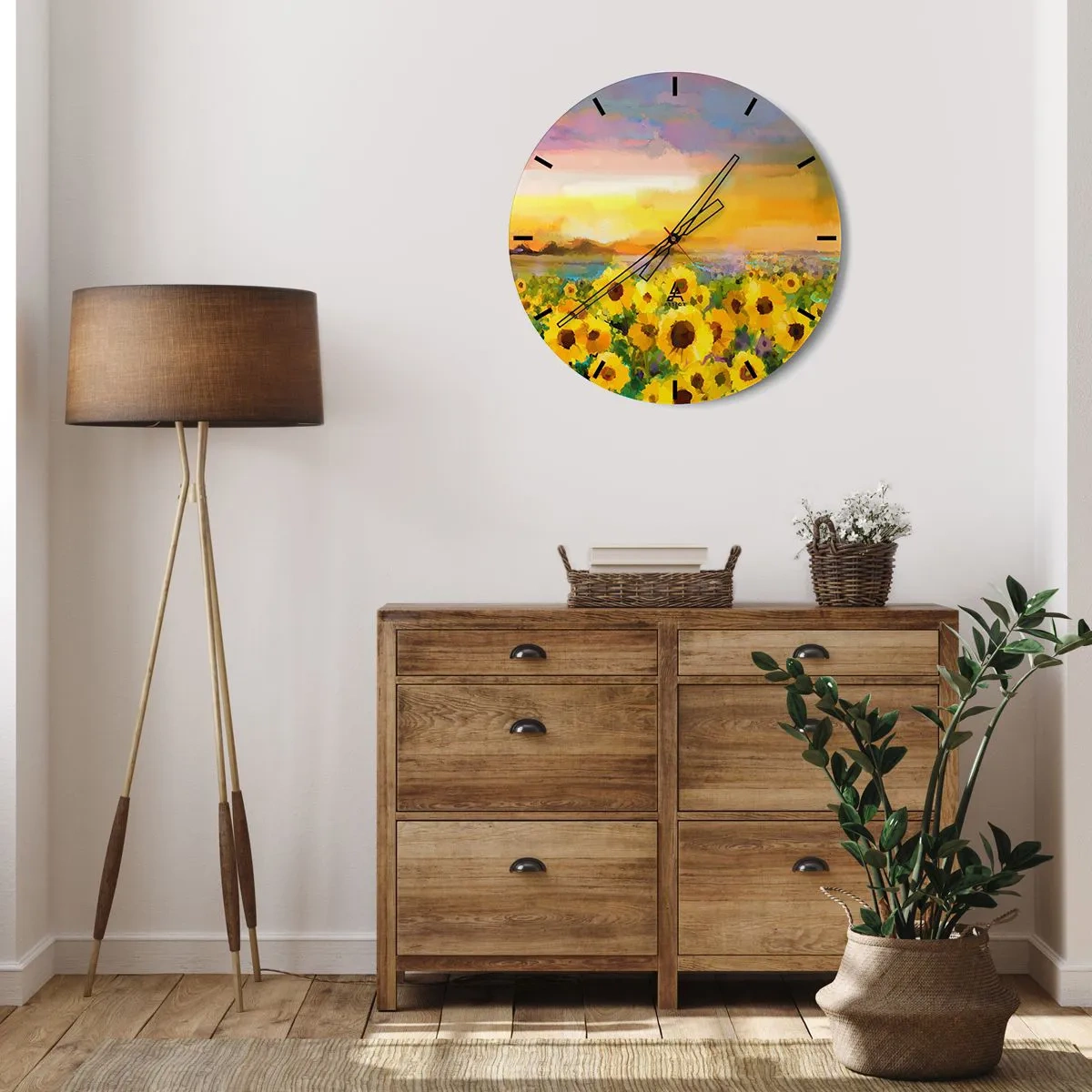 Nástenné hodiny - Pole slnečníc v žiari zapadajúceho slnka - 30x30cm - Samotné slnko zostúpilo na zem - Moderná nástenná dekorácia do obývacej izby, kuchyne a spálne ARTTOR