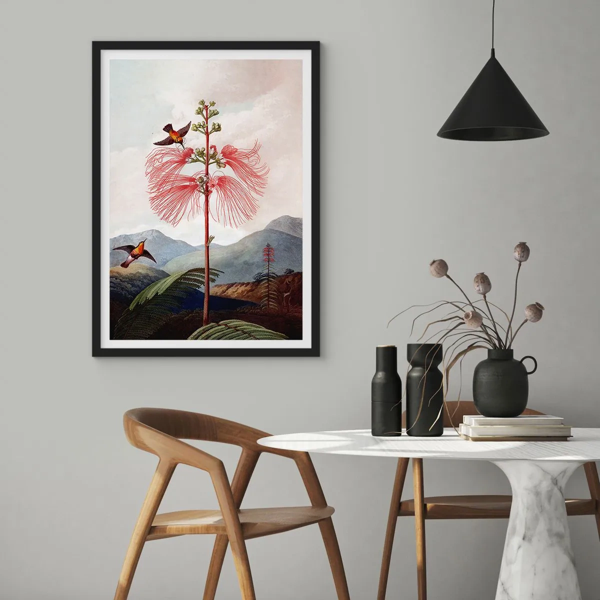 Plagát v čiernom ráme - Exotický kvet s kolibríkmi v horách - 50x70cm - V tropickom raji - Moderná nástenná dekorácia do obývacej izby a spálne ARTTOR