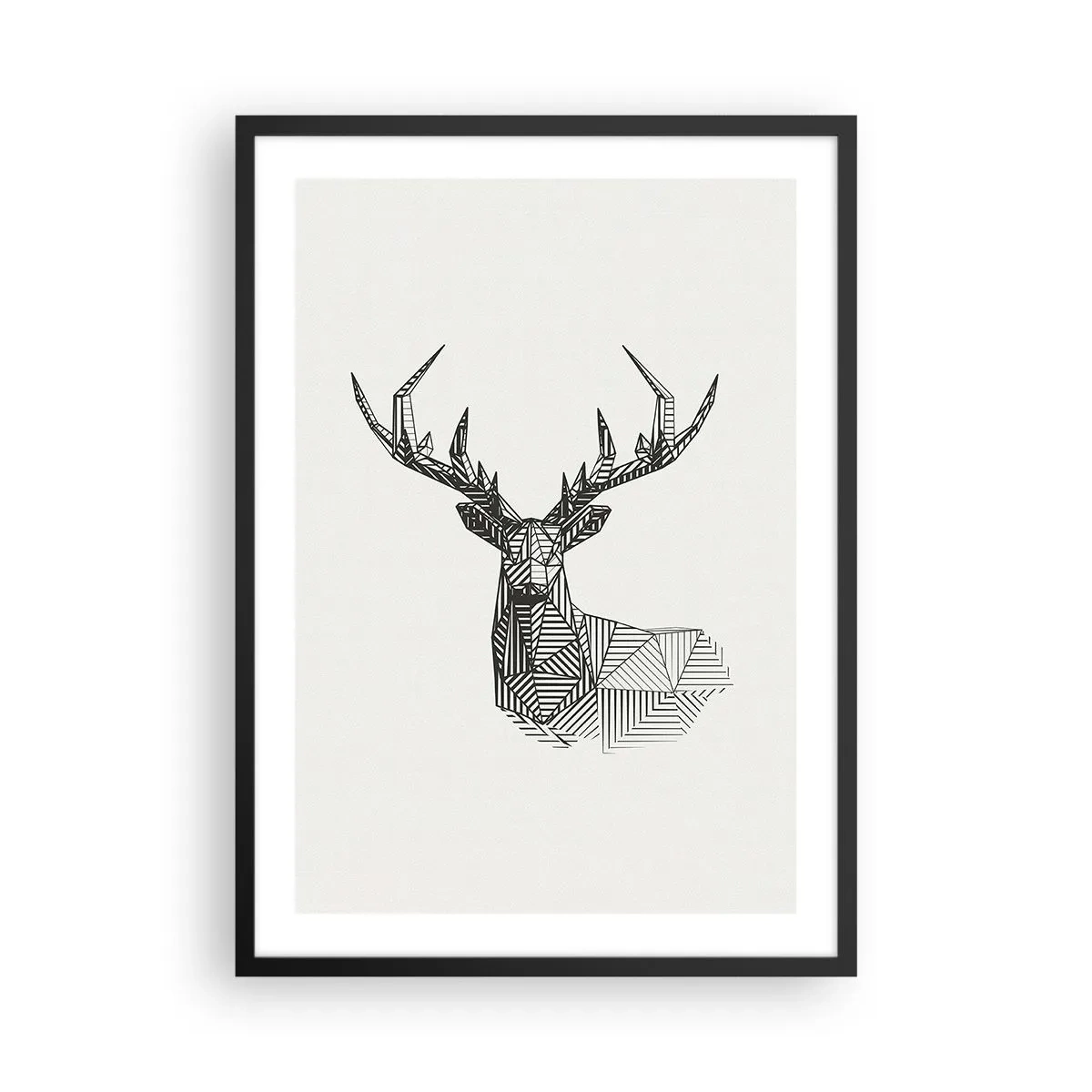 Plagát v čiernom ráme - Geometrická silueta jeleňa v čiernobielom štýle - 50x70cm - Jeleň v kubistickom štýle - Moderná nástenná dekorácia do obývacej izby a spálne ARTTOR