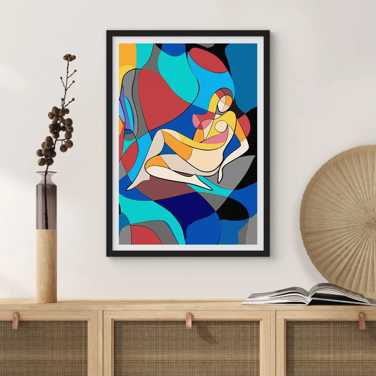 Plagát v čiernom ráme - Abstraktná silueta ženy v farebnej kompozícii - 50x70cm - Kubistický akt - Moderná nástenná dekorácia do obývacej izby a spálne ARTTOR
