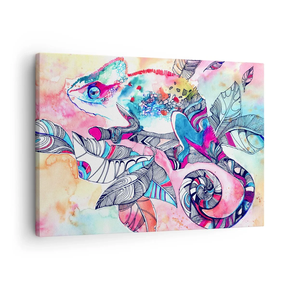 Obraz na plátne - Farebný chameleón na pozadí abstraktných listov - 70x50cm - Farebný ako náš svet - Moderná nástenná dekorácia do obývacej izby a spálne ARTTOR