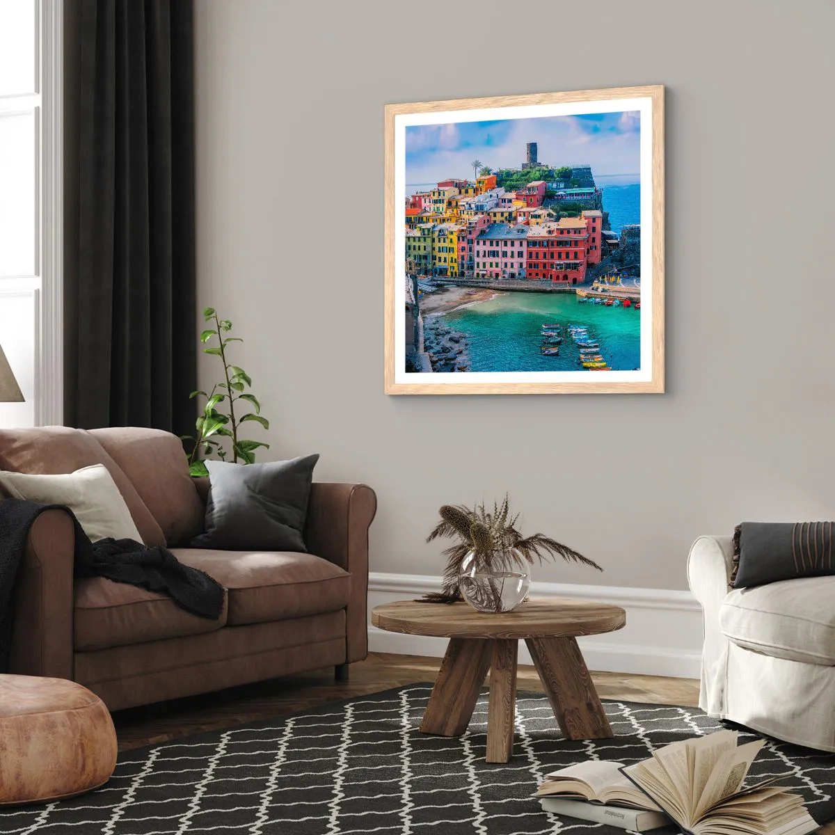 Plagát v ráme zo svetlého duba - Stredomorské kúzelné mestečko - 50x50 cm