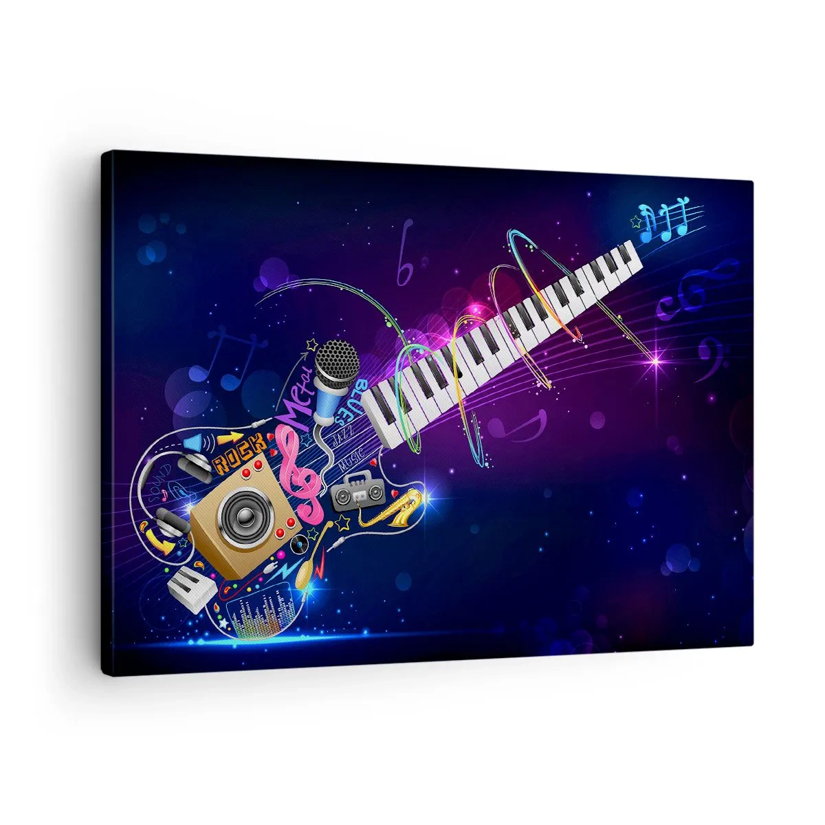 Obraz na plátne - Farebná gitara s klávesnicou a mikrofónom na tmavom pozadí. - 70x50cm - A všetko hrá - Moderná nástenná dekorácia do obývacej izby a spálne ARTTOR