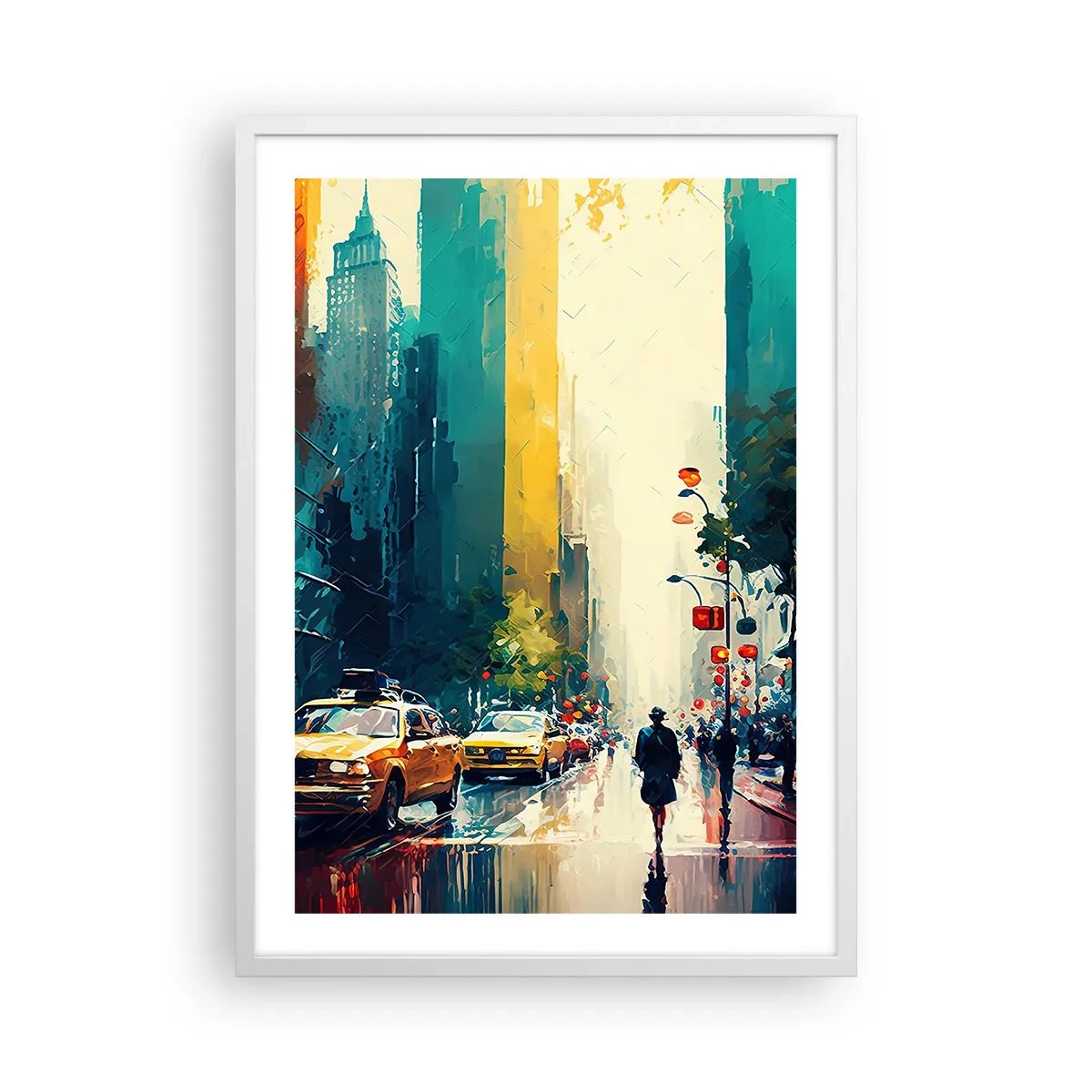 Plagát v bielom ráme - New York – tu je aj dážď farebný - 50x70 cm