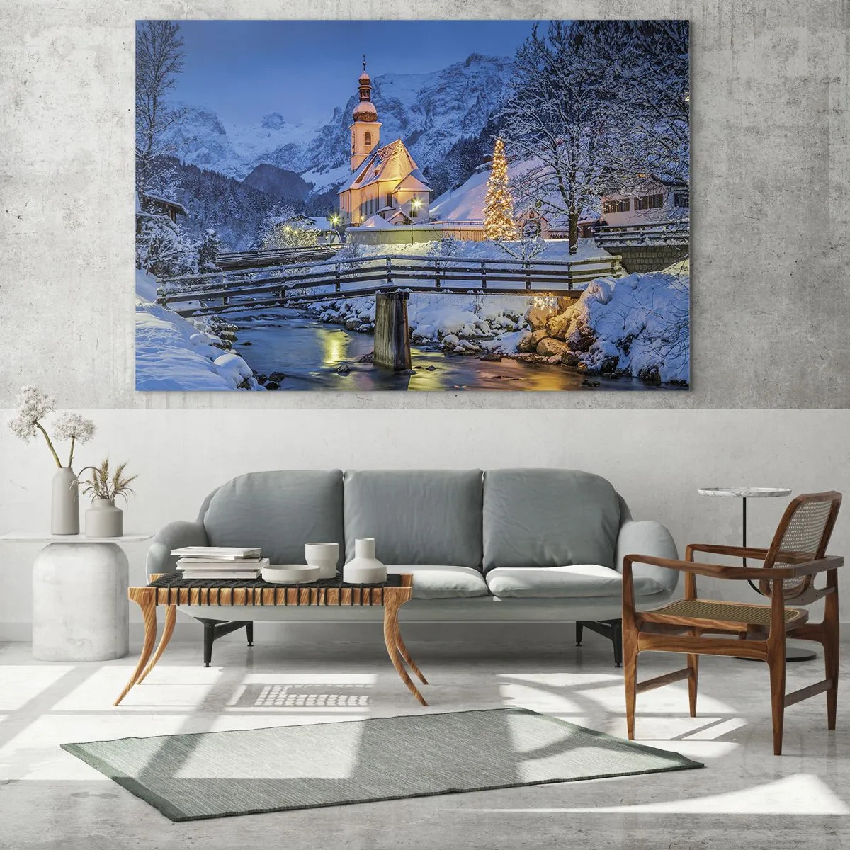 Obraz na skle - Vianočná krajina v zimnom prostredí - 70x50cm - Duch Vianoc - Moderná nástenná dekorácia do obývacej izby a spálne ARTTOR