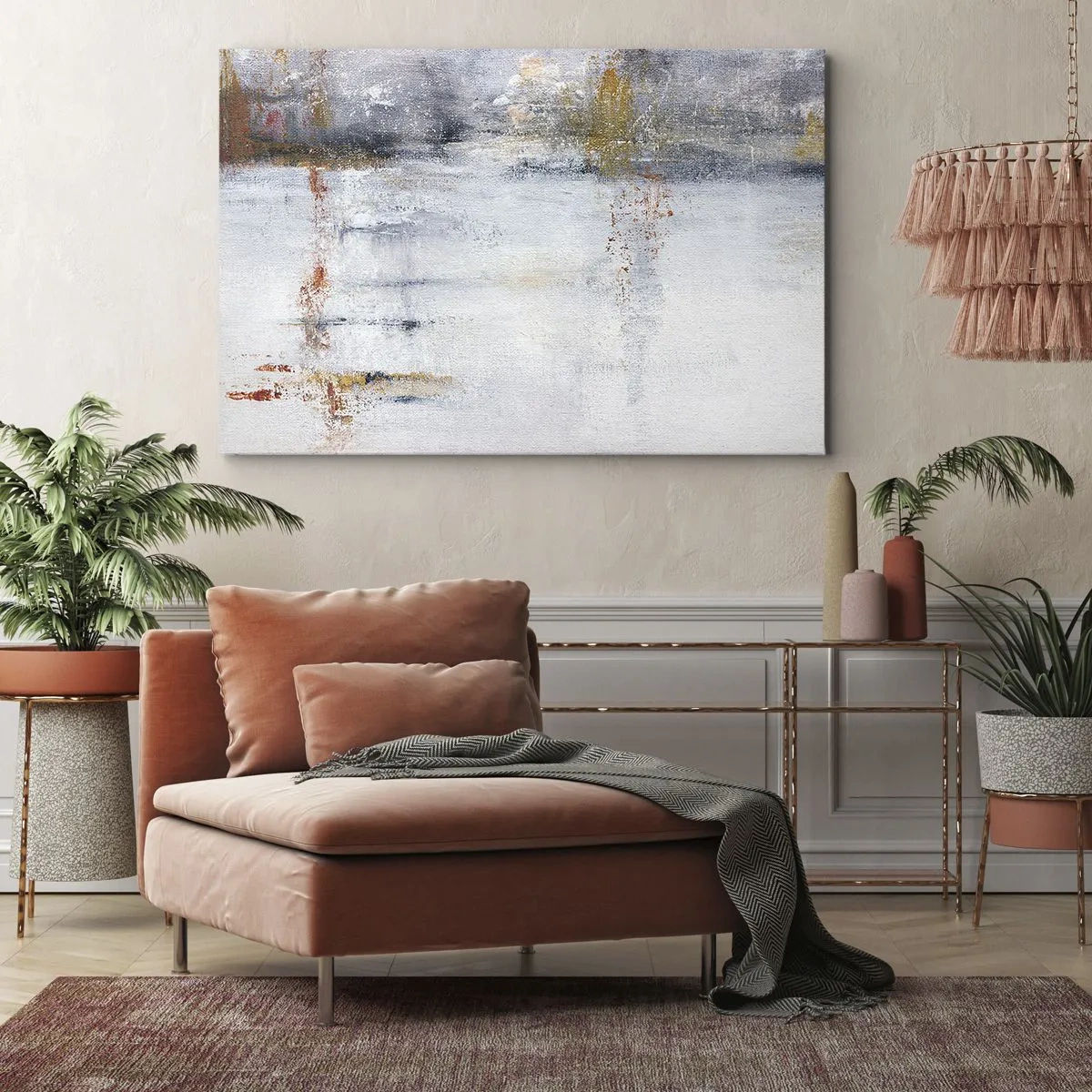 Obraz na plátne - Abstraktná krajina s rozmazanými akcentmi sivej a zlatej. - 70x50cm - Za závojom vzduchu - Moderná nástenná dekorácia do obývacej izby a spálne ARTTOR