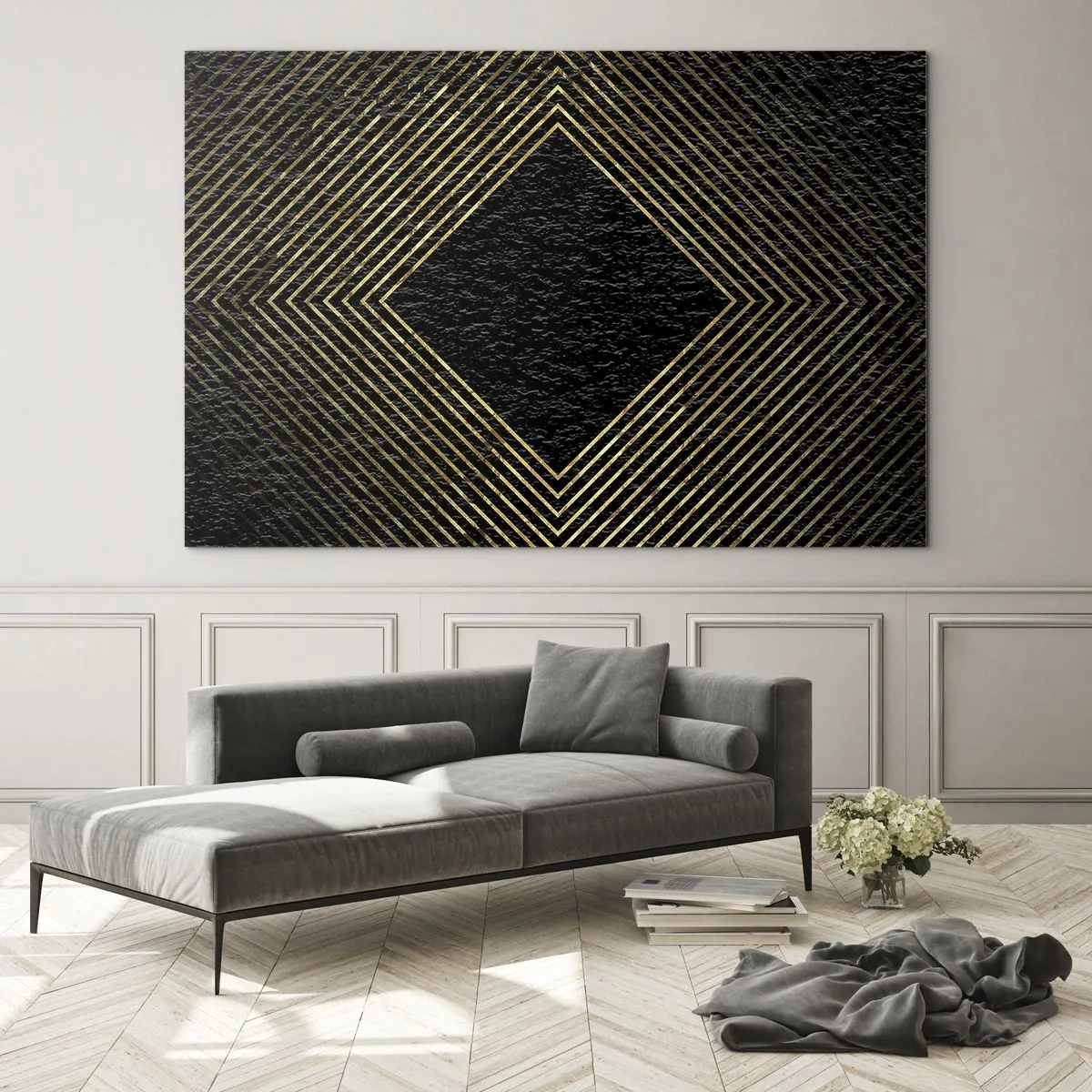 Obraz na skle - Zlatý diamant s geometrickými čiarami na čiernom pozadí - 70x50cm - Geometria v štýle glamour - Moderná nástenná dekorácia do obývacej izby a spálne ARTTOR