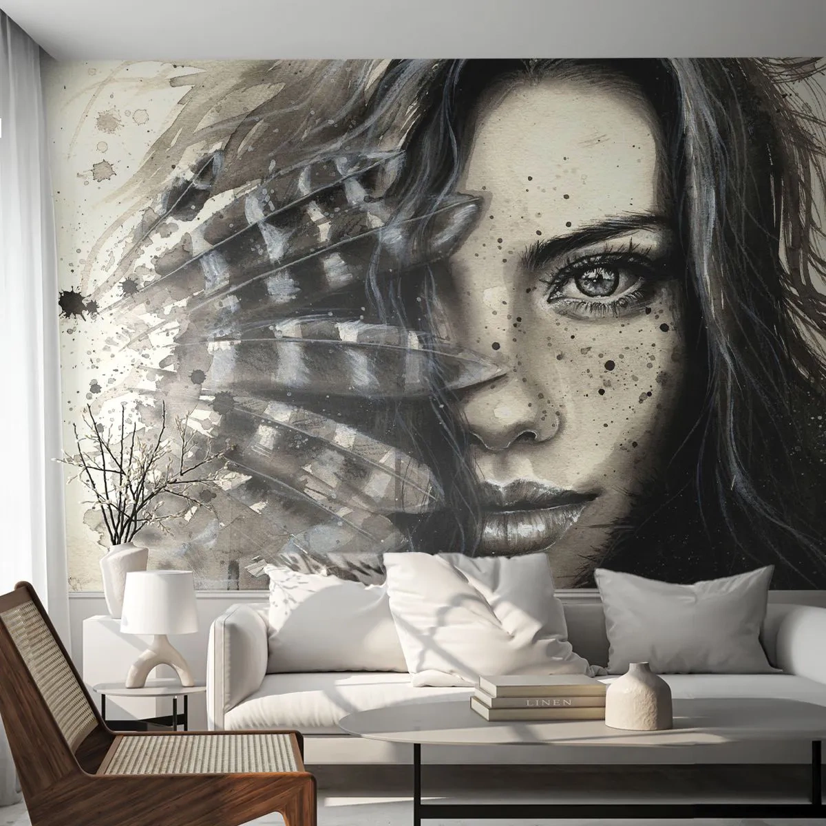 Fototapeta Premium Canvas - Divoká krása - Žena, Vtáčie perie, Grafika - 250x175 cm