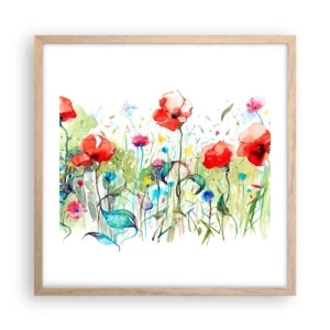 Plagát v ráme zo svetlého duba - Kvitnúca lúka v máji - 50x50 cm