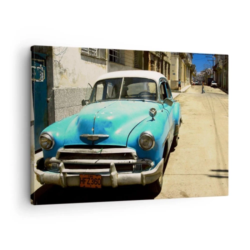 Obraz na plátne - Modré klasické auto na ulici za slnečného dňa - 70x50cm - Evviva Cuba! - Moderná nástenná dekorácia do obývacej izby a spálne ARTTOR