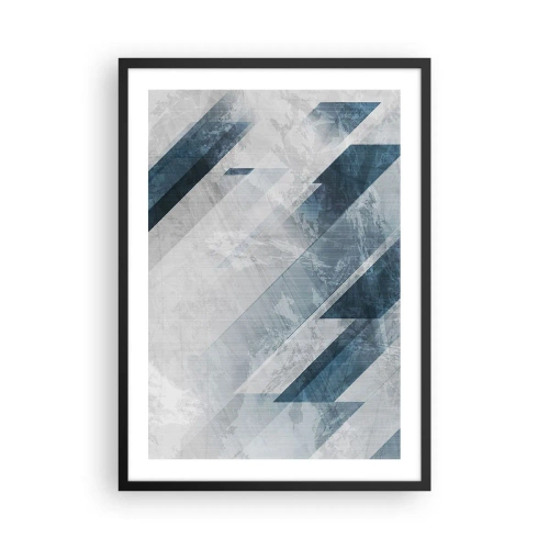 Plagát v čiernom ráme - Geometria v odtieňoch modrej a sivej - 50x70cm - Priestorová kompozícia – pohyb šedej - Moderná nástenná dekorácia do obývacej izby a spálne ARTTOR