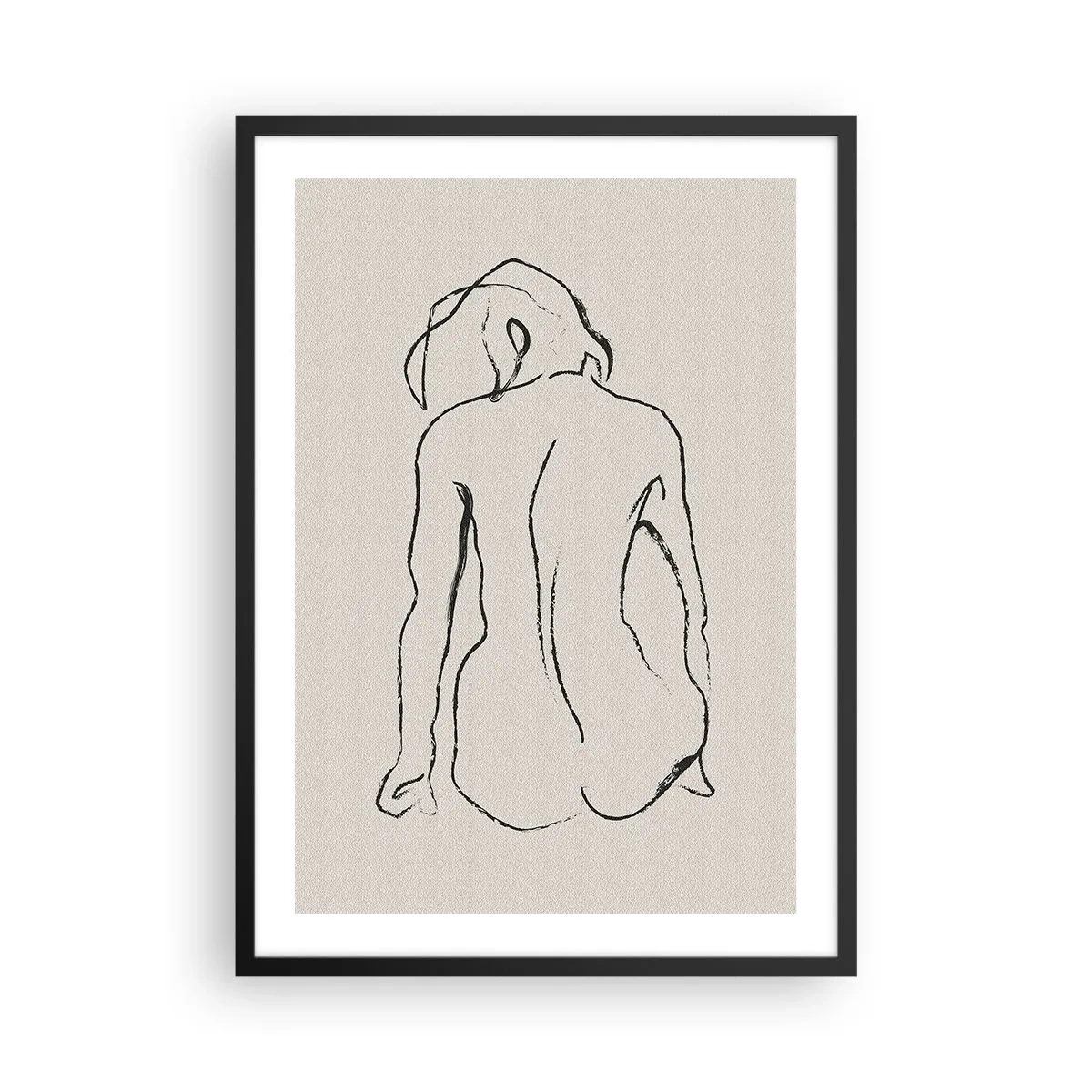 Plagát v čiernom ráme - Minimalistická skica nahej ženy sediacej dozadu. - 50x70cm - Dievčenský akt - Moderná nástenná dekorácia do obývacej izby a spálne ARTTOR