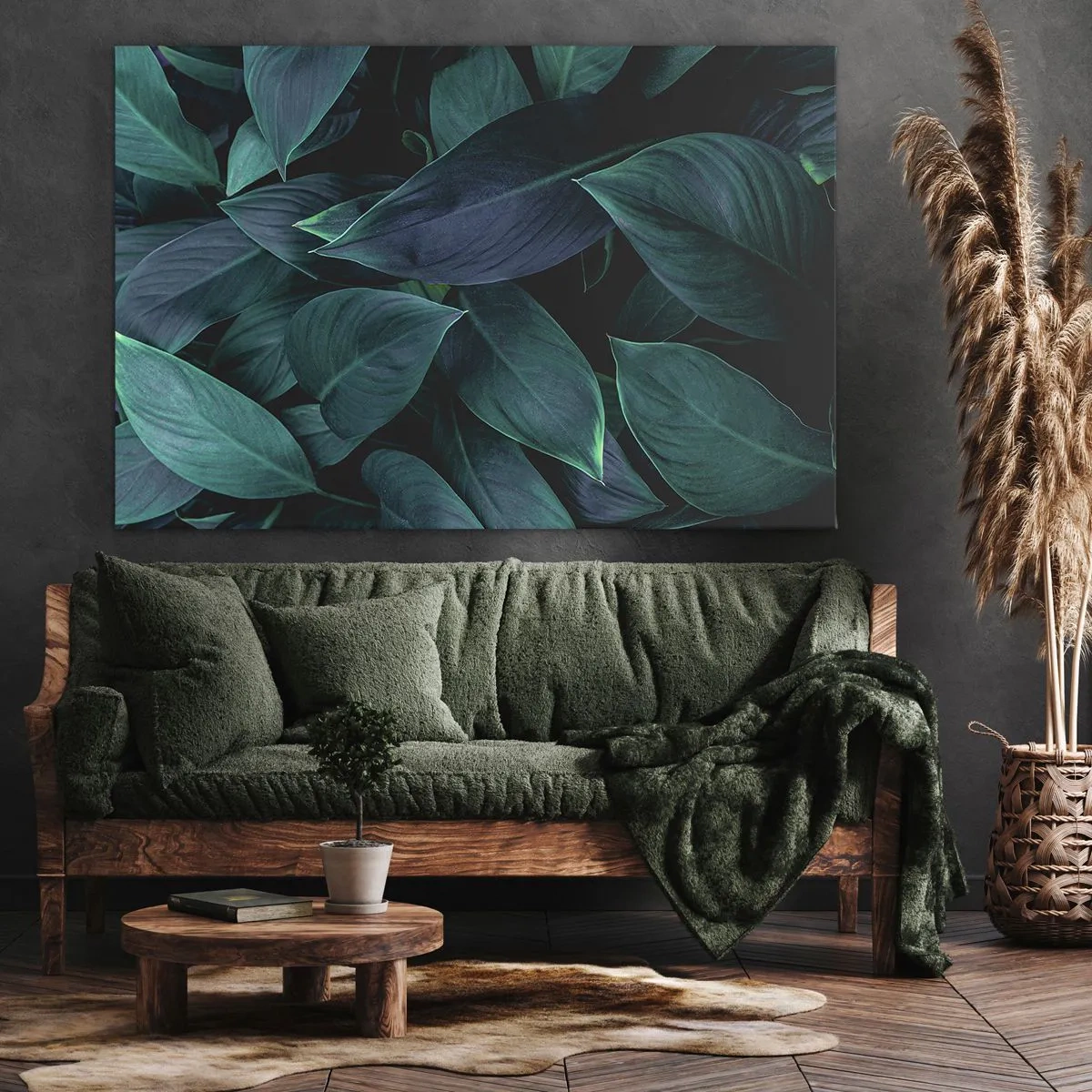 Obraz na plátne - Detailný záber na zelené listy s tmavým pozadím - 70x50cm - Zeleň sama o sebe - Moderná nástenná dekorácia do obývacej izby a spálne ARTTOR