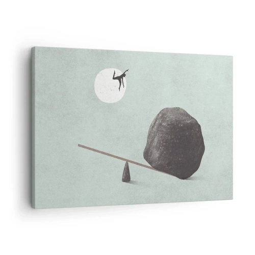 Obraz na plátne - Symbolická scéna s postavou a rovnováhou na pozadí jasnej oblohy. - 70x50cm - Splnený sen - Moderná nástenná dekorácia do obývacej izby a spálne ARTTOR